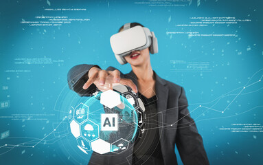 Project manager using visual reality goggle while holding AI generative. Businesswoman looking at...