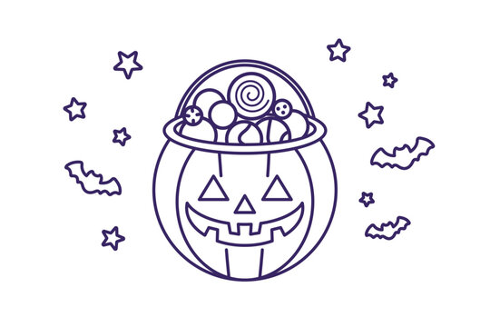 recommend clip art: ハロウィンのお菓子が入ったカボチャのバケツの線画イラスト