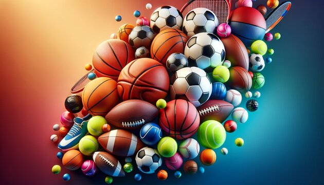 Colorful assortment of different sports balls in motion