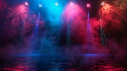 Colorful spotlights and atmospheric haze bathe the stage in an ethereal glow.