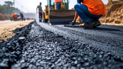  Construction workers collaborate on road Construction including tarmac laying, hot asphalt leveling, and surface repair.