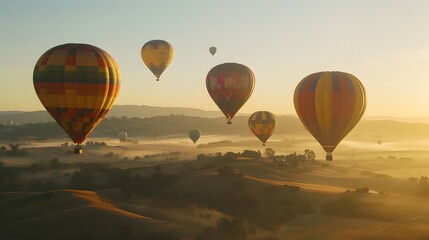 Naklejka premium Hot Air Balloons Soaring Over a Misty Landscape