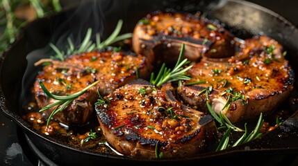 Sizzling cast iron skillets, perfectly seared pork Chops with rosemary and thyme garnish. This visual representation captures a moment in cooking,  your journey through sumptuous food photography.