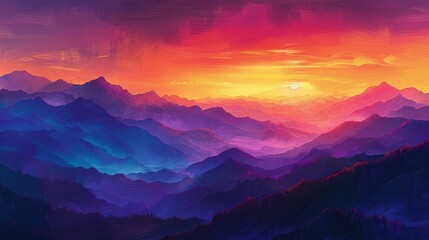 Fototapeta premium A majestic purple mountain range silhouetted against a vibrant sunset sky, painting the horizon with hues of orange and pink.