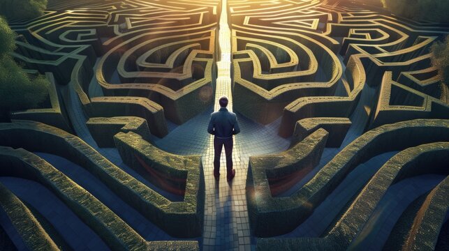 A man standing in the center of a complex maze