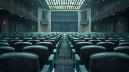 Obraz premium Empty auditorium with rows of seats facing a grand stage, anticipation of a performance, focusing on the modern architectural beauty and grandeur