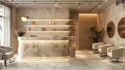 Luxury hairdressing and beauty salon, Beige modern barbershop interior with reception desk
