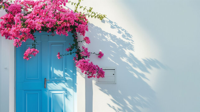 A blue door with a white trim sits in front of a tree with pink flowers. The door is open, inviting people to enter. The scene has a peaceful and welcoming atmosphere