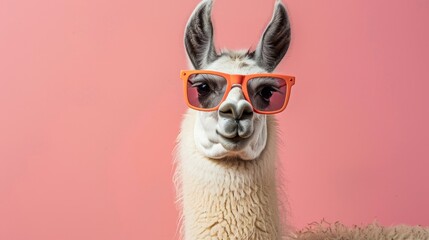 Obraz premium Fucshia llama in shades wearing sunglasses isolated on solid colored backdrop.