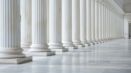 A perspective view of a series of white neoclassical columns lining a spacious corridor with tiled flooring