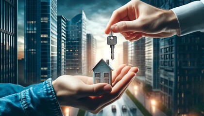 Real estate agent handing over house keys to a client in the city