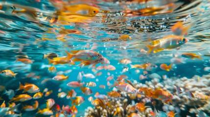 Juvenile marine schooling fish in underwater ocean habitat background