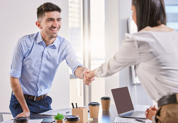 Business people, handshake and meeting for accounting deal, investment or contract agreement at office. Broker, accountant or clients shaking hands for negotiation success, welcome or introduction
