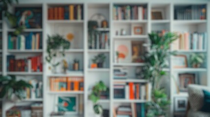 Blur background of book shelf in library space filled with books and green plants, enhancing a...
