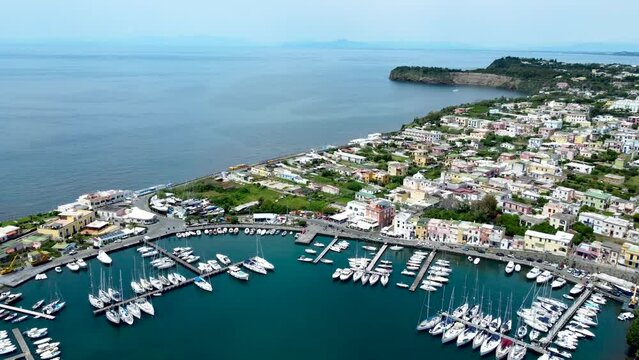 Aerial 4K footage of Marina Chiaiolella on the island of Procida, Italy