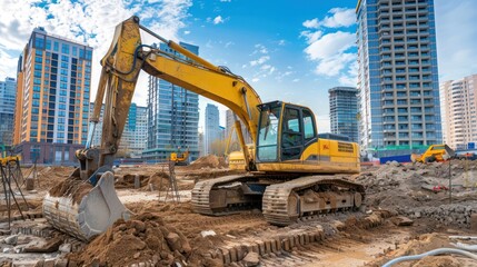 A yellow excavator stands on a construction site with high-rise buildings in the background under a blue sky