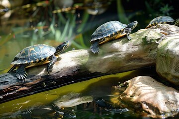 Obraz premium A serene pond with turtles basking on a log