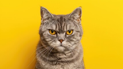 Obraz premium Serious or angry silver tabby British Shorthair cat portrait on yellow background