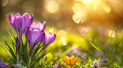 Royalty-free stock photo of close-up spring lavender crocuses blooming in lush green grass under sunlight