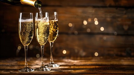 Champagne poured into stylish glasses placed on a wooden surface prepared for a joyful cheers or special occasion