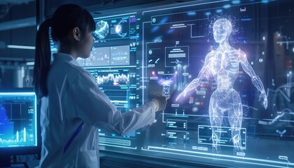 In a cutting-edge research lab, a scientist examines data on a digital display. An AI figure, glowing with energy, highlights potential breakthroughs and new directions for the research. The lab
