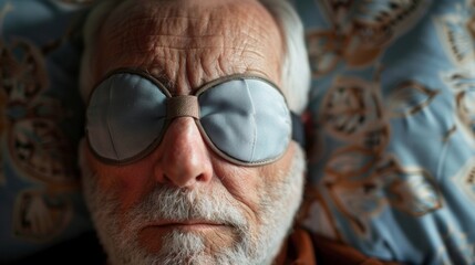 Senior man wearing a warm compress on his eyes for pain mitigation.