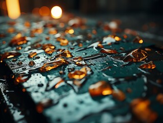 Naklejka premium a close up view of a table covered in orange and yellow pieces of glass