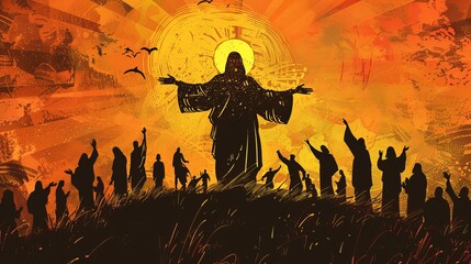 Silhouette illustration of Jesus Christ with devoted followers, conveying love and faith.