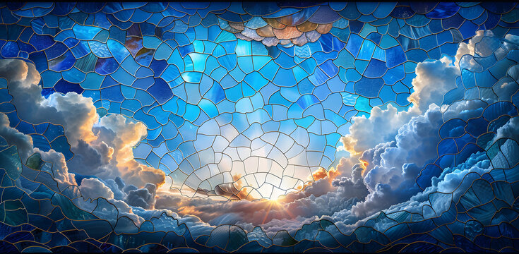 Stained glass surfaces in cool blue hues blue sky vitrage wavy sky stained glass. 