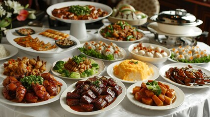 Obraz premium Tabletop display of assorted Chinese cuisine dishes representing the diverse culinary traditions of Asia.