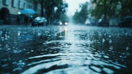 Urban streetscape during heavy rainfall, featuring puddles with ripples and a water drop texture.