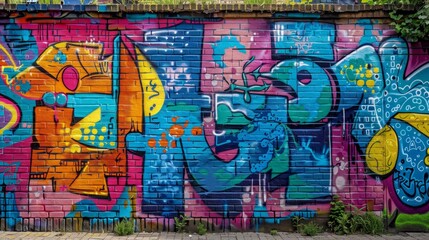 Vivid street art adorns a vibrant wall, showcasing a vibrant graffiti masterpiece.