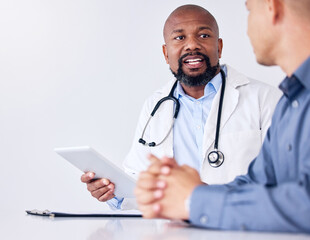 Doctor, patient and discussion with man or tablet, results consultation and medical advice for...