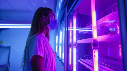 Woman in Lab Coat Looking at UV Light Chamber, Isolated on White Background, PNG File