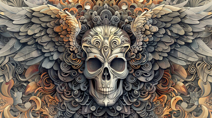 An angelic figure with a skull head, intricate fractal patterns forming its body and face.