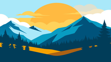 A mountain landscape illustration with trees under a clear sky.