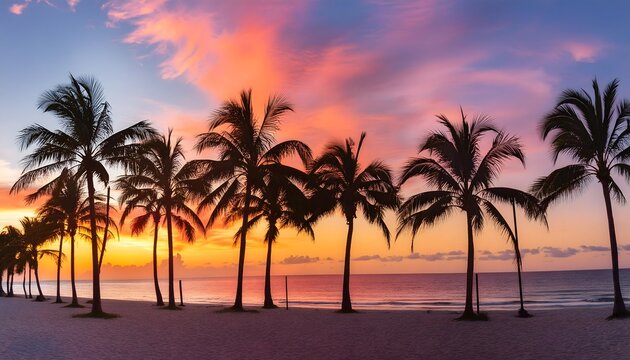 A panoramic view of palm trees silhouetted against a stunning sunset sky on a tropical beach with their reflections mirrored in the calm water. sunset on the beach