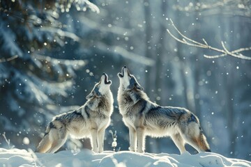 Fototapeta premium wolves howling in snowy forest