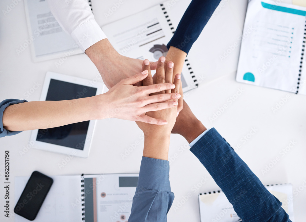 Aufkleber teamwork, documents and business people with hands in stack for community and inclusion support in o