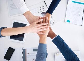 Teamwork, documents and business people with hands in stack for community and inclusion support in...