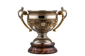 Ornate Antique Trophy Cup on Wooden Base Isolated on Transparent Background, cut out. PNG