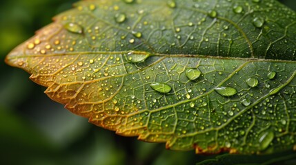 Fototapeta premium A macro shot revealing the intricate details of condensation forming on a leaf after a rain shower.