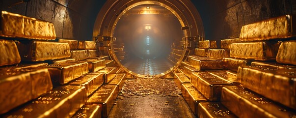 A digital collage showing a central bank vault door opening to reveal a dazzling array of stacked gold bars, highlighting the importance of gold in monetary policy