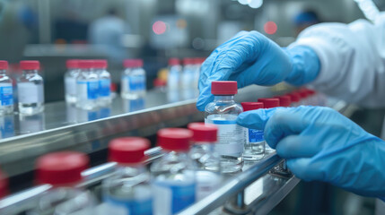 Pharmacist with Gloves Checking Vials on Conveyor Belt