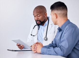 Doctor, patient and check up or tablet with man, results discussion and medical advice for...