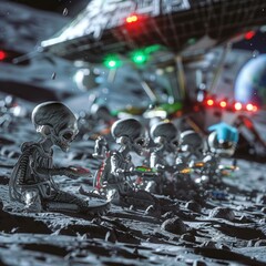 Fototapeta premium A group of skeletons are sitting on the ground, with one of them holding a red