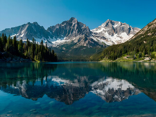 Mountain Lake Reflection: A panoramic view of a tranquil mountain lake surrounded by towering peaks, with crystal-clear water reflecting the snow-capped mountains and a clear blue sky.