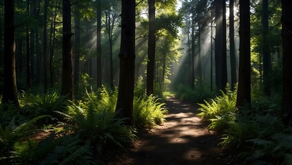 Obraz premium The intricate interplay of light and shadow in a tranquil forest setting ai-generated
