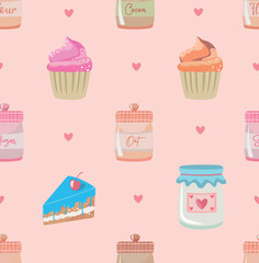 Vector illustration of pattern with cake, cupcake and ingredients. Art in a delicate style. Design for covers on fabrics, wallpaper, gift paper, etc...