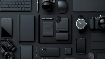 A diverse collection of black technological gadgets and accessories arranged neatly, showcasing a modern, monochromatic theme..